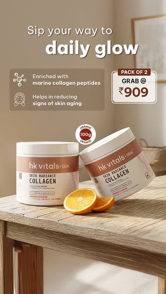 This image ad is for HK Vitals Skin Radiance Collagen powder in orange flavor. It encourages viewers to 'Sip your wa
