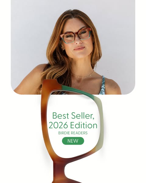 This image ad features a woman wearing a pair of glasses. The glasses are also shown in the foreground with text overlay