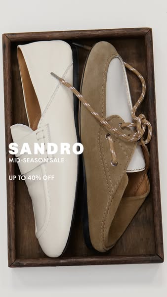 This image ad by Sandro promotes a mid-season sale of up to 40% off, featuring two different styles of men's loafers