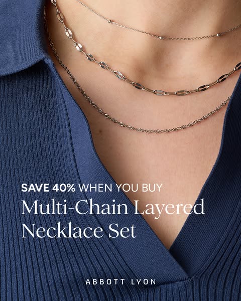This ad promotes a multi-chain layered necklace set by Abbott Lyon, offering a 40% discount upon purchase. The focus is 