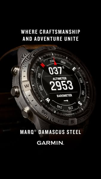 This ad showcases the Garmin MARQ® Damascus Steel watch, emphasizing its blend of craftsmanship and adventure. The ad hi