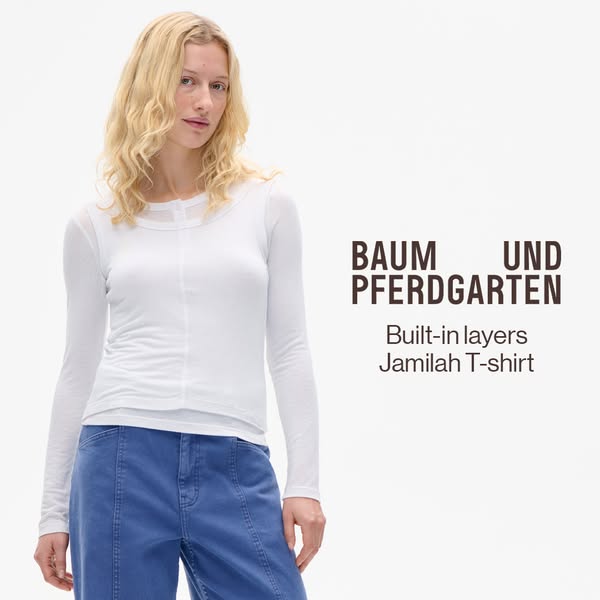 This ad showcases a T-shirt from the brand Baum Und Pferdgarten. The ad highlights the T-shirt's built-in layers and