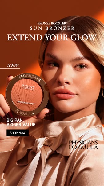 This ad features the Physician's Formula Bronze Booster Sun Bronzer. The ad emphasizes a larger product size and aim