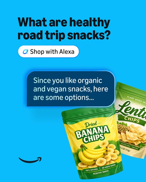 This ad features vegan and organic healthy road trip snacks using Alexa.
