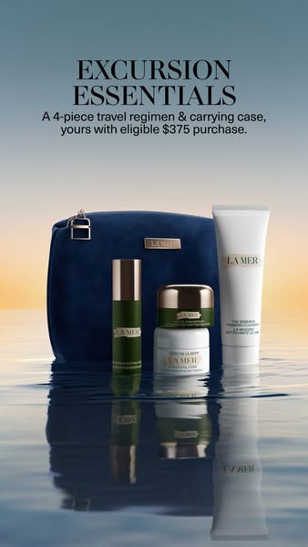 This ad displays a set of La Mer skincare products in a travel case and promotes them as essential for excursions. The c