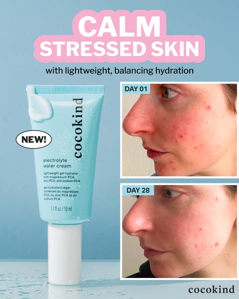 This ad by cocokind uses a before and after format to showcase the product's ability to calm stressed skin. It featu