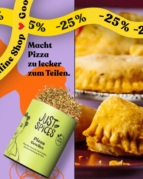 The image is divided into two sections: one side features a Just Spices pizza seasoning container and text about making 