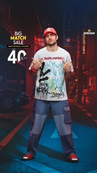 This image ad promotes WROGN brand clothing with a 'Big Match Sale' offering a minimum of 40% off. The ad featur