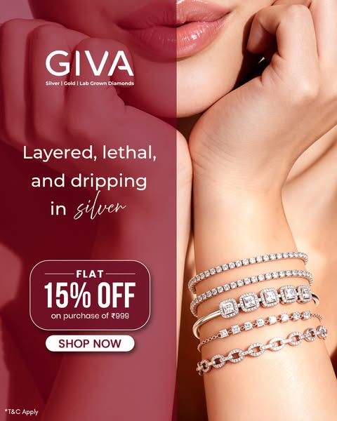 This image ad for GIVA features a close-up of a woman's face and hand adorned with silver and lab-grown diamond jewe