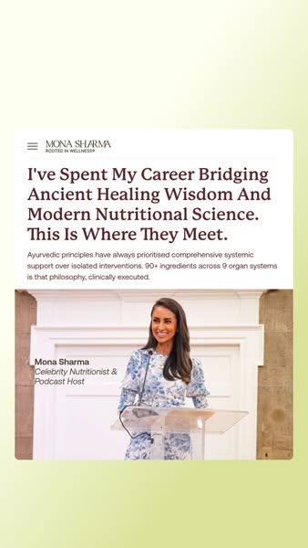 This ad promotes Mona Sharma, a celebrity nutritionist and podcast host, by showcasing her expertise and background in b