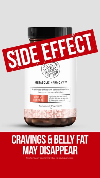 Image ad for Happy Mammoth's Metabolic Harmony supplement, which claims to help with weight control by supporting no