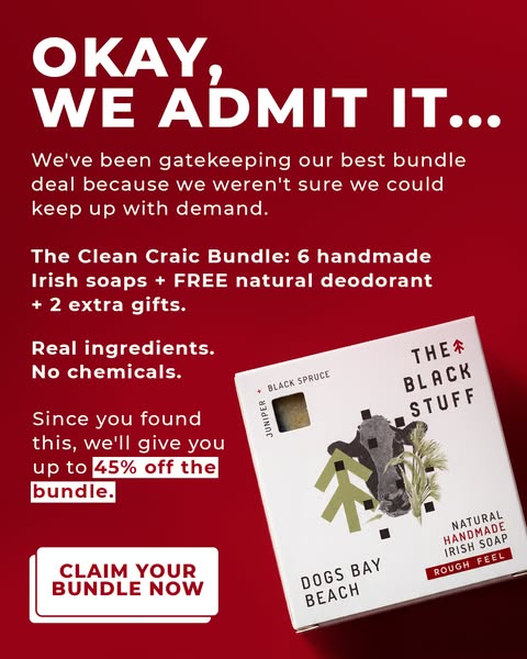 This image ad for The Black Stuff promotes its Clean Craic Bundle, emphasizing its natural ingredients and offering a li