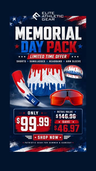 This ad promotes a limited-time Memorial Day pack from Elite Athletic Gear. The pack includes shorts, sunglasses, a head
