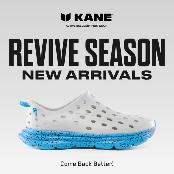 The ad announces the arrival of a new Kane active recovery footwear season. It showcases a white shoe with blue accents.