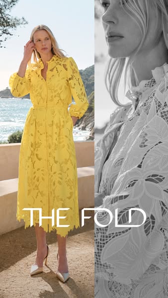 An image ad for The Fold features a split screen with a model wearing a yellow dress on a landscape background on one si