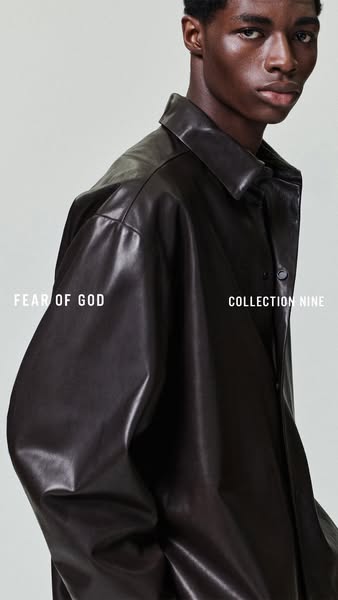 This ad for Fear of God features a close-up shot of the leather jacket from Collection Nine, modeled by a young Black ma