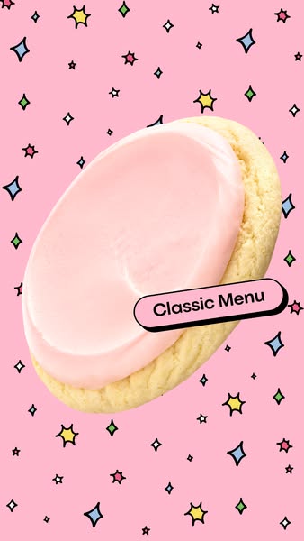 This image ad features a single cookie with pink frosting, set against a pink background with cartoon star accents. A ro