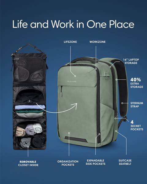 The image ad showcases the Solgaard backpack, emphasizing its dual functionality for both life and work. The ad highligh
