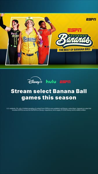 This ad is for the Savannah Bananas baseball team. It promotes the streaming of select games on Disney+, Hulu, and ESPN.