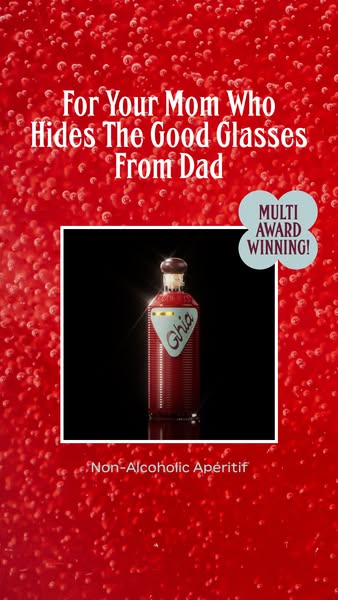 This image ad for Ghia non-alcoholic aperitif targets mothers, humorously suggesting it's a treat they hide from the