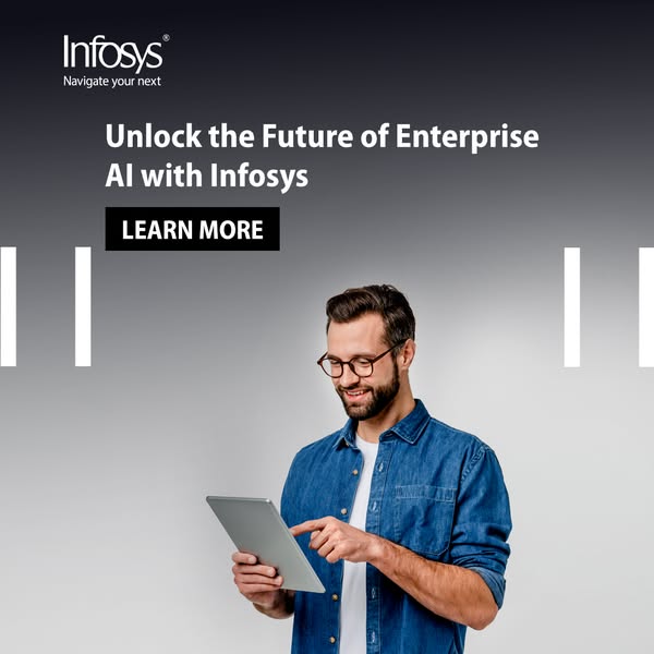 This image ad promotes Infosys as a solution for unlocking the future of enterprise AI, featuring a man interacting with