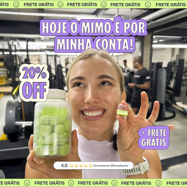 The ad promotes creatina gummies to help people reach their fitness goals. A fitness influencer shows the product and it