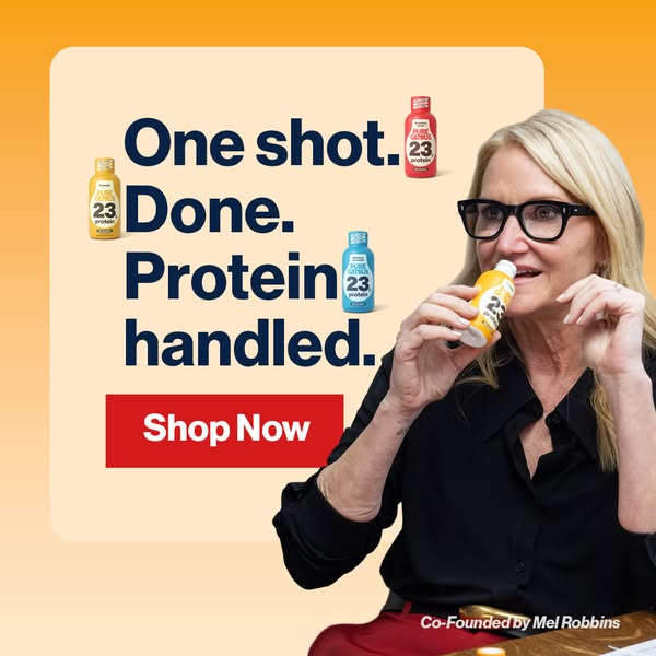 This ad features a woman holding a yellow protein shot while the words 'One shot. Done. Protein handled.' are pr