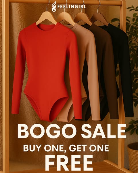 The ad showcases a line of Feelingirl long-sleeve bodysuits in different colors, hung on a wooden clothing rack. The ad 