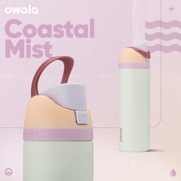 This ad promotes the Owala brand and its water bottles with a focus on the Coastal Mist color. The image ad uses a clean