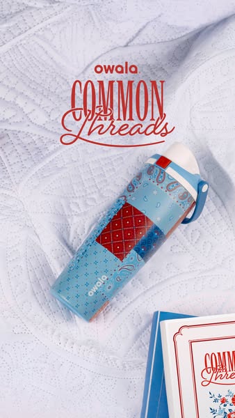 This ad features the Owala water bottle on a bed with a book titled "Common Threads." The ad is likely marketi
