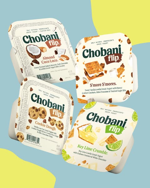 This ad showcases four different flavors of Chobani Flip Greek yogurt. Each flavor is distinctly presented, emphasizing 
