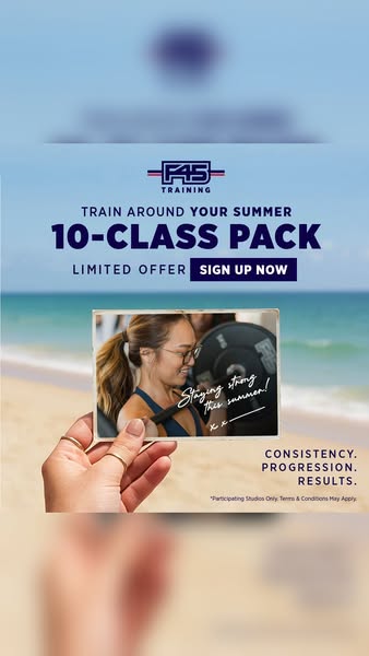 This ad promotes F45 Training and a limited-time offer of a 10-class pack. The ad features a photo held by a person on a