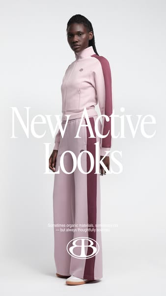This ad features a model in a matching tracksuit and promotes the brand's new active looks made from thoughtfully so