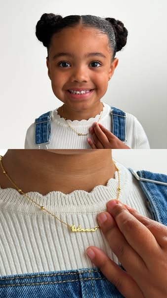 This ad features a young girl wearing a gold necklace with her name on it. The ad is split into two sections, with the t