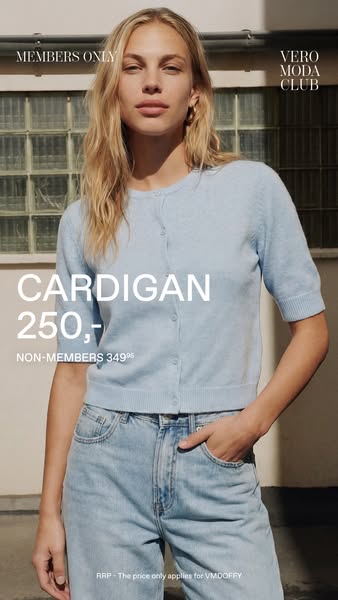 This ad promotes a cardigan from Vero Moda. It features a price discount for club members.