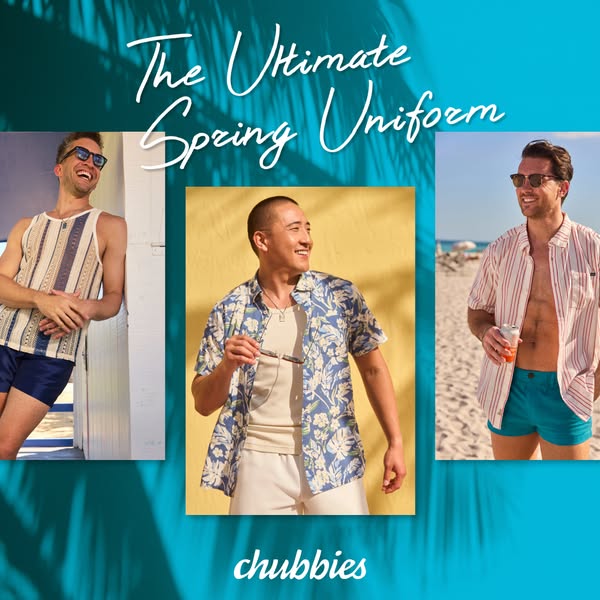 This ad for Chubbies showcases three different men wearing shorts and shirts in a vibrant, summery setting, promoting th