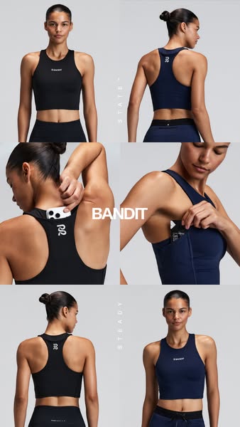 This image ad showcases Bandit's collection of athletic wear, specifically highlighting features such as the built-i