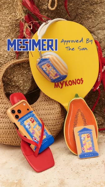 This ad features a collection of MESIMERI products in a summery, tropical-themed flat lay with a Mykonos theme.