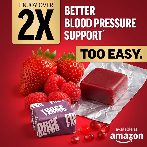 This ad promotes Force Factor's blood pressure support supplement as a tasty gummy. The image features the product a