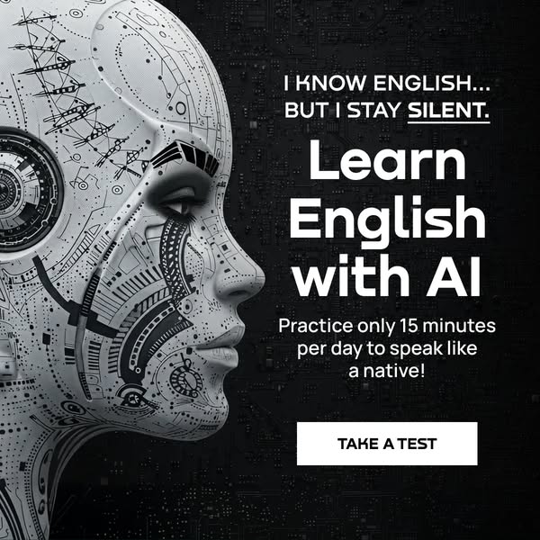 This ad promotes an AI-powered English learning platform. It highlights the common problem of understanding English but 