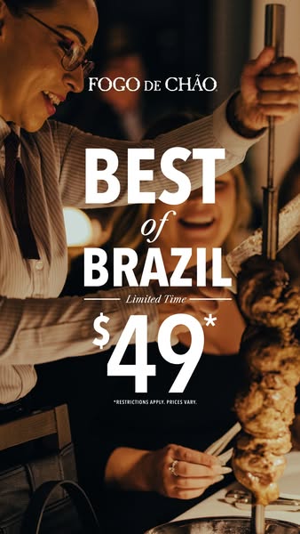 This image ad for Fogo de Chão promotes a limited-time offer of "Best of Brazil" for $49. The ad features a se
