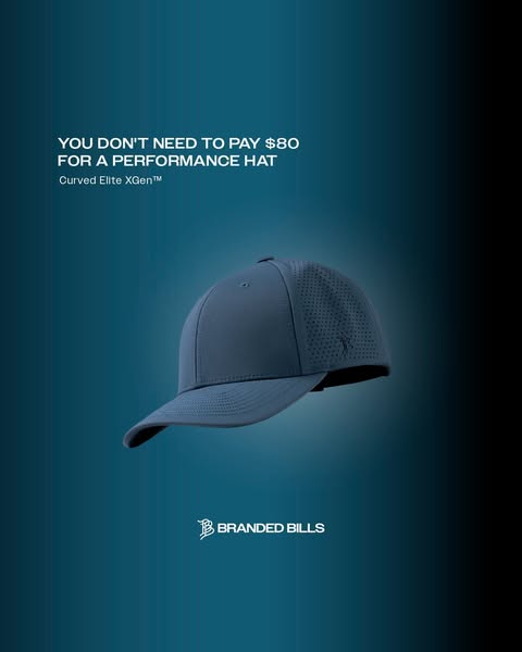 This image ad is for Branded Bills performance hats. It aims to communicate that you do not need to pay $80 for a perfor