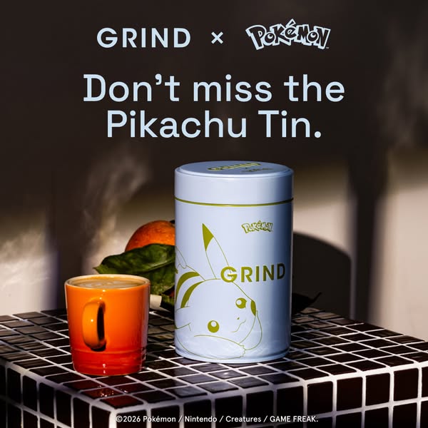 This ad showcases the new Grind X Pokemon Pikachu tin. The overall aesthetic is clean and product-focused, highlighting 