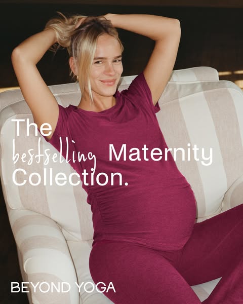 This ad from Beyond Yoga promotes their bestselling maternity collection with a photo of a pregnant woman wearing a matc