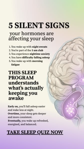 The ad is a vertical image that informs the audience of five hormonal symptoms that are affecting their sleep. It then p