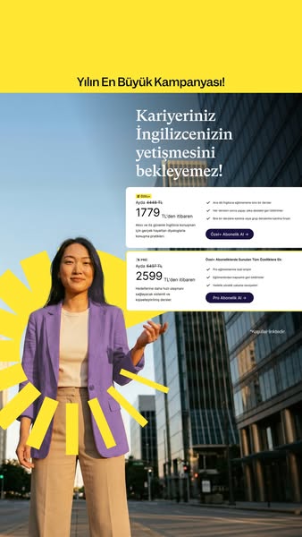 The ad features an image of a professional woman standing in front of a city street with tall buildings. There are two d