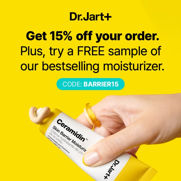 This image ad promotes Dr.Jart+'s Ceramidin moisturizer with a discount and a free sample offer to encourage purchas