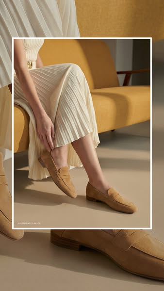 An image ad for tan-colored loafers featuring a woman seated with one shoe on and one in her hand.