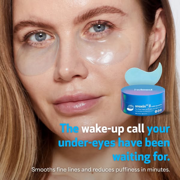 This ad showcases the snoxin II under eye patches. It features a woman with the eye patches applied, along with the cont
