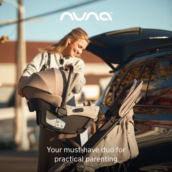 This ad features a woman taking a Nuna car seat out of the back of her vehicle, which also contains the Nuna stroller. T